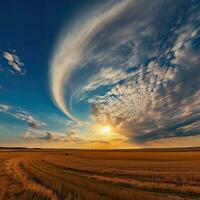 puesta de sol terminado el trigo campo. puesta de sol terminado trigo campo. dramático cielo. belleza mundo. ai generado foto