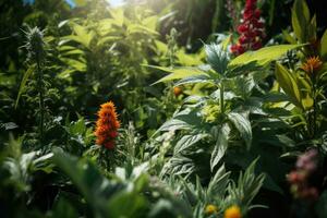 Flowers in the garden on a sunny summer day. Selective focus.  Beautiful flowers and plants in the garden at sunset. Nature background.  AI generated photo