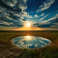 Sunset over a lake in the steppe with reflection in water.  Dramatic sky. Beauty world.  AI generated photo