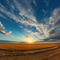 Sunset over the wheat field.   Sunset over wheat field. Dramatic sky. Beauty world. AI generated photo
