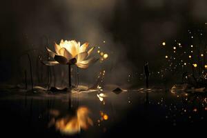 Beautiful yellow lotus flower on the swamp, water with dark background.   Mystic white lotus flower in the pond with smoke and fire. Silhouette of a man in front of a lotus flower. AI generated photo