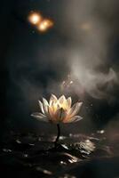 Beautiful yellow lotus flower on the swamp, water with dark background.   Mystic white lotus flower in the pond with smoke and fire. AI generated photo