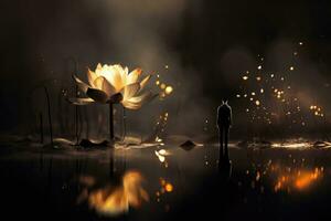 Beautiful yellow lotus flower on the swamp, water with dark background.   Mystic white lotus flower in the pond with smoke and fire. Silhouette of a man in front of a lotus flower. AI generated photo