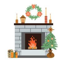 Christmas fireplace for home with ornament on wreath, fir branch, lantern. Holiday room decoration. Flat vector illustration.