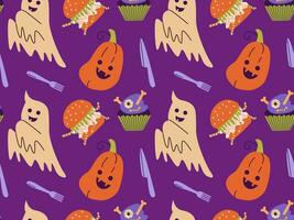 Seamless pattern of funny ghosts, pumpkin for Halloween decoration. Cute Halloween spirit. vector