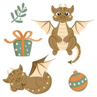 Navidad conjunto en dibujos animados estilo. linda dragones, un regalo caja, un Navidad pelota, un ramita con hojas. vector