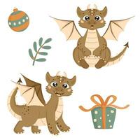 Christmas set in cartoon style. Cute dragons, gift box, Christmas ball, twig with leaves. vector