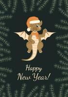 Christmas card in cartoon style. A cute dragon in a Santa Claus hat and scarf smiles and waves his paw. vector