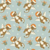 Seamless pattern with a cute smiling dragon wearing a Santa Claus hat, with gift boxes and snowflakes. vector