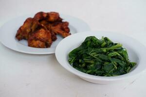 Fried chicken wings on a white plate with a side dish of spinach photo