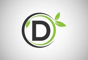 English alphabet D with green leaves. Organic, eco-friendly logo design vector template