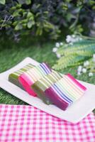 Kue Lapis or or Rainbow sticky layer cake, Indonesian traditional dessert made from rice flour and coconut milk, steamed layer by layer. Selective focus. photo