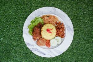 indonesian style yellow rice with minced chicken in white plate on green grass background photo