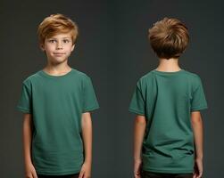 Front and back views of a little boy wearing a green T-shirt. ai generated photo