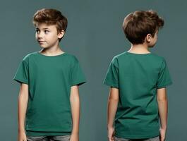 Front and back views of a little boy wearing a green T-shirt. ai generated photo