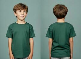 Front and back views of a little boy wearing a green T-shirt. ai generated photo