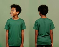 Front and back views of a little boy wearing a green T-shirt. ai generated photo