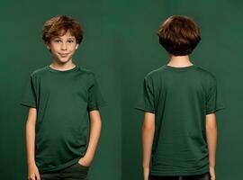Front and back views of a little boy wearing a green T-shirt. ai generated photo