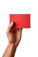 A human hand holding a blank sheet of red paper or card isolated on white background. ai generated photo