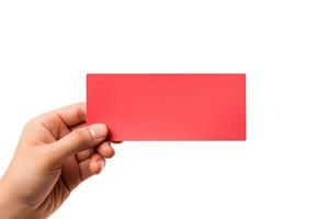 A human hand holding a blank sheet of red paper or card isolated on white background. ai generated photo