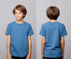 Front and back views of a little boy wearing a blue T-shirt. ai generated photo