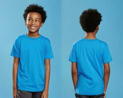 Front and back views of a little boy wearing a blue T-shirt. ai generated photo