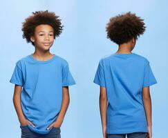 Front and back views of a little boy wearing a blue T-shirt. ai generated photo