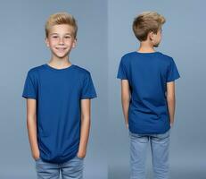 Front and back views of a little boy wearing a blue T-shirt. ai generated photo