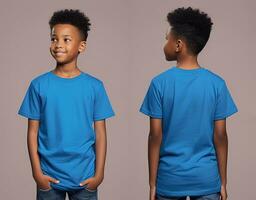 Front and back views of a little boy wearing a blue T-shirt. ai generated photo