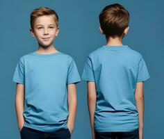 Front and back views of a little boy wearing a blue T-shirt. ai generated photo