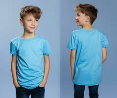 Front and back views of a little boy wearing a blue T-shirt. ai generated photo