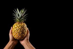 Hand hold fresh pineapple isolated on a black background with copy space. ai generated photo