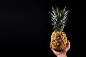 Hand hold fresh pineapple isolated on a black background with copy space. ai generated photo