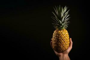 Hand hold fresh pineapple isolated on a black background with copy space. ai generated photo