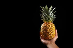 Hand hold fresh pineapple isolated on a black background with copy space. ai generated photo