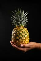 Hand hold fresh pineapple isolated on a black background. ai generated photo