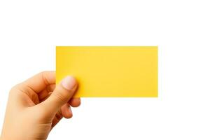 un humano mano participación un blanco sábana de amarillo papel o tarjeta aislado en blanco antecedentes. ai generado foto