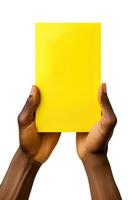 A human hand holding a blank sheet of yellow paper or card isolated on white background. ai generated photo