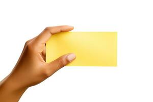 A human hand holding a blank sheet of yellow paper or card isolated on white background. ai generated photo