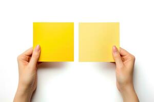 A human hand holding a blank sheet of yellow paper or card isolated on white background. ai generated photo