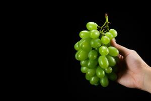 Hand holding green grapes bunch isolated on black background with copy space. ai generated photo