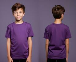 Front and back views of a little boy wearing a purple T-shirt. ai generated photo