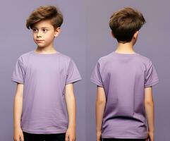 Front and back views of a little boy wearing a purple T-shirt. ai generated photo