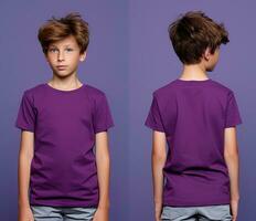 Front and back views of a little boy wearing a purple T-shirt. ai generated photo