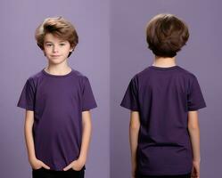 Front and back views of a little boy wearing a purple T-shirt. ai generated photo