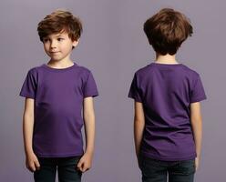 Front and back views of a little boy wearing a purple T-shirt. ai generated photo