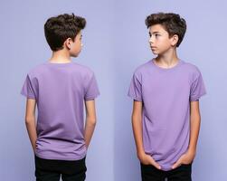 Front and back views of a little boy wearing a purple T-shirt. ai generated photo