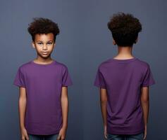 Front and back views of a little boy wearing a purple T-shirt. ai generated photo