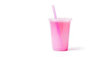 Pink drink in plastic cup isolated on white background. Take away drinks concept with copy space. ai generated photo