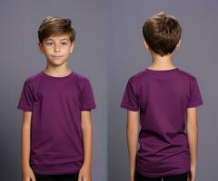 Front and back views of a little boy wearing a purple T-shirt. ai generated photo